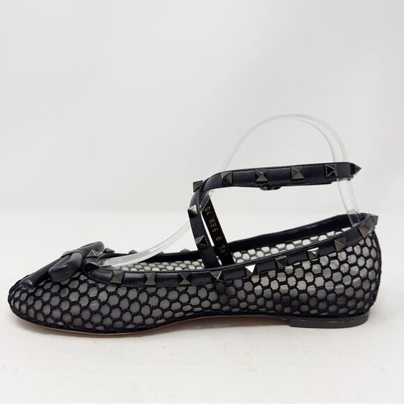 Valentino Rockstud Black Mesh Bow Ballet Flats Size 38.5 - Picture 7 of 13